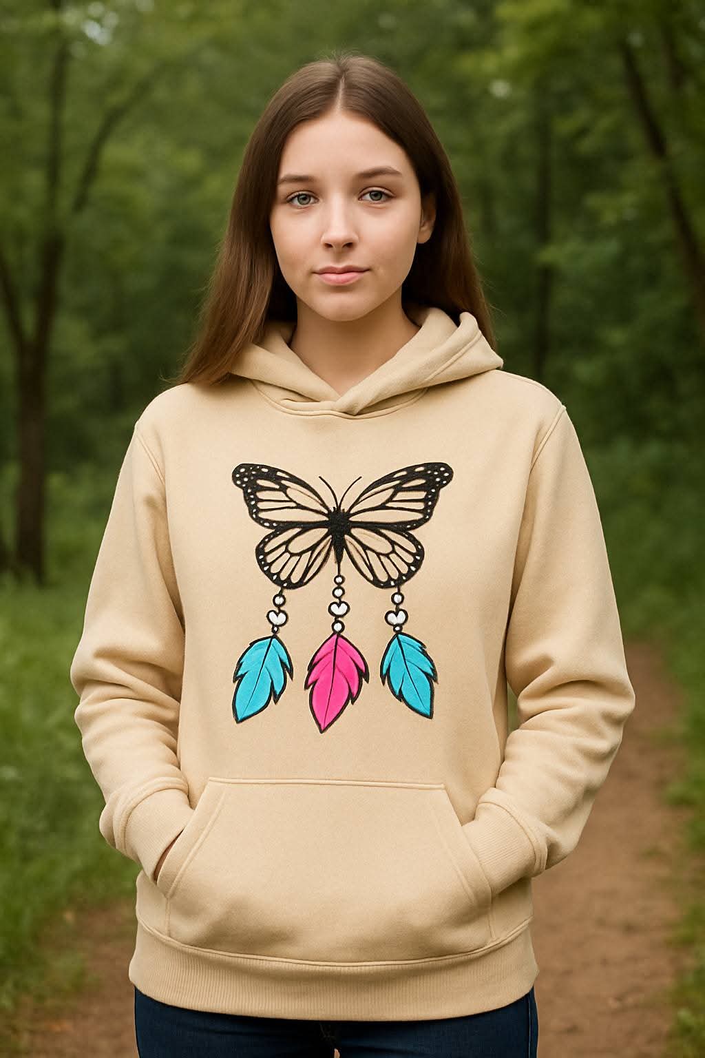 বেজ/স্যান্ড কালার ড্রিমক্যাচার বাটারফ্লাই হুডি | 330+ GSM